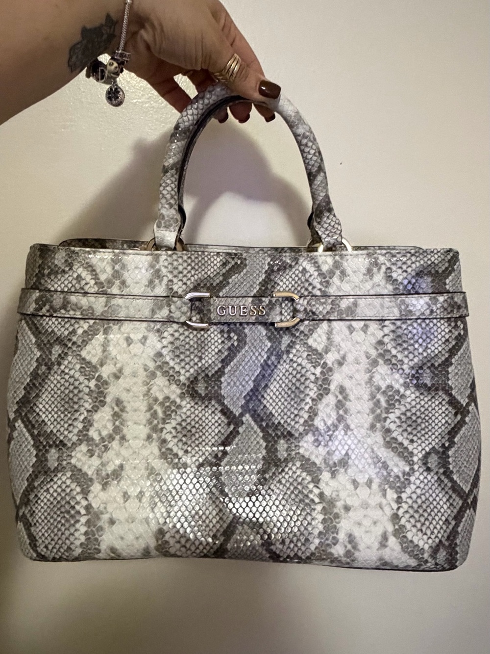 GUESS White and Gray Snake-Print Top-Handle Satchel